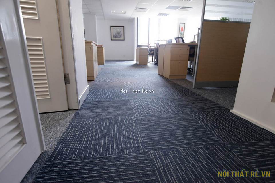 khu vực hành lang đi lại sử dụng thảm tấm màu xanh dương